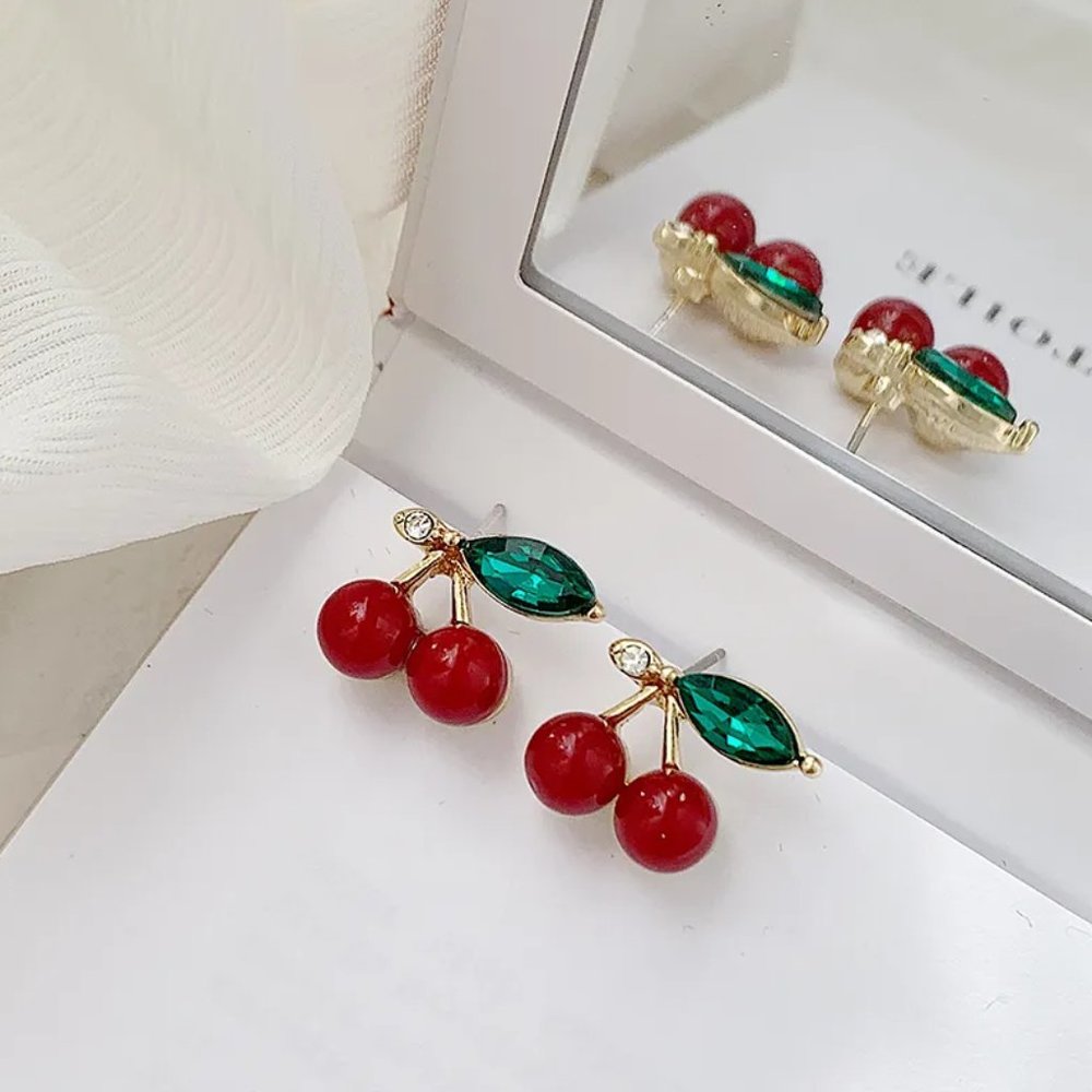 Gold Red Dark Cherry Fruit Stud Earrings NEW - Picture 2 of 6